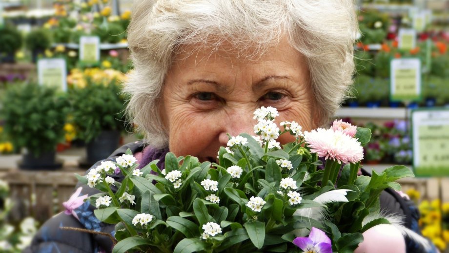 Eine Seniorin schaut lachend hinter Blumen vor.