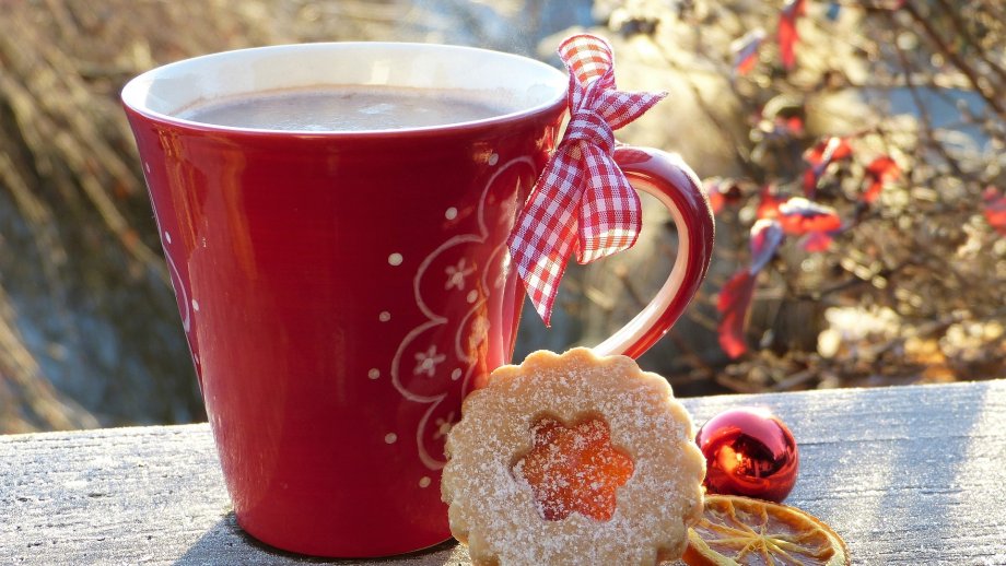 Eine rote Kaffeetasse, daneben Plätzchen, im Hintergrund leicht verschneite Äste.