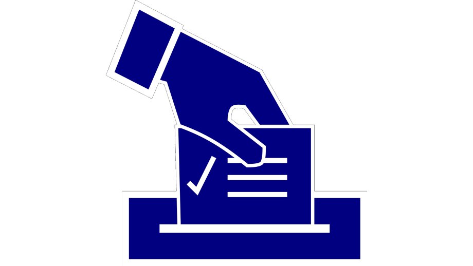 Schematische Darstellung einer Hand, die einen Wahlzettel in eine Wahlurne einwirft.